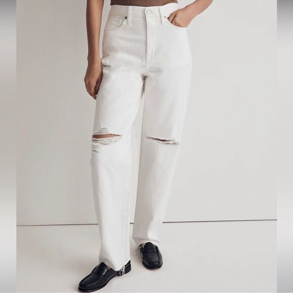 Madewell Denim - Madewell NWT High Rise Baggy Straight Jeans Size 23 Ripped Edition in White